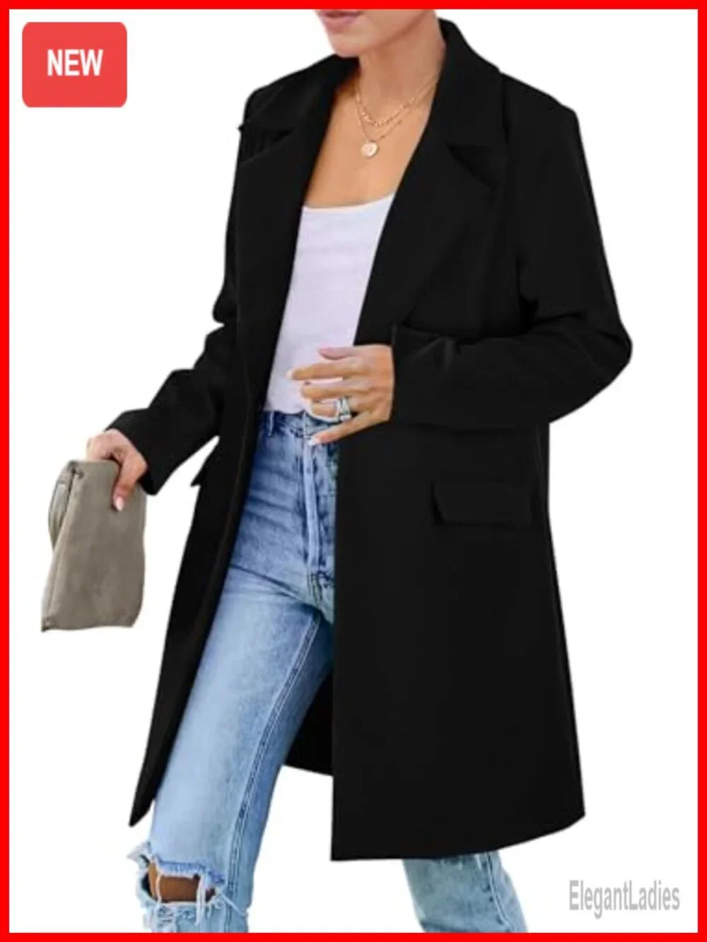 Womens Business Casual Long Blazer Jacket Notch Lapel Padded Shoulder Loose Fit